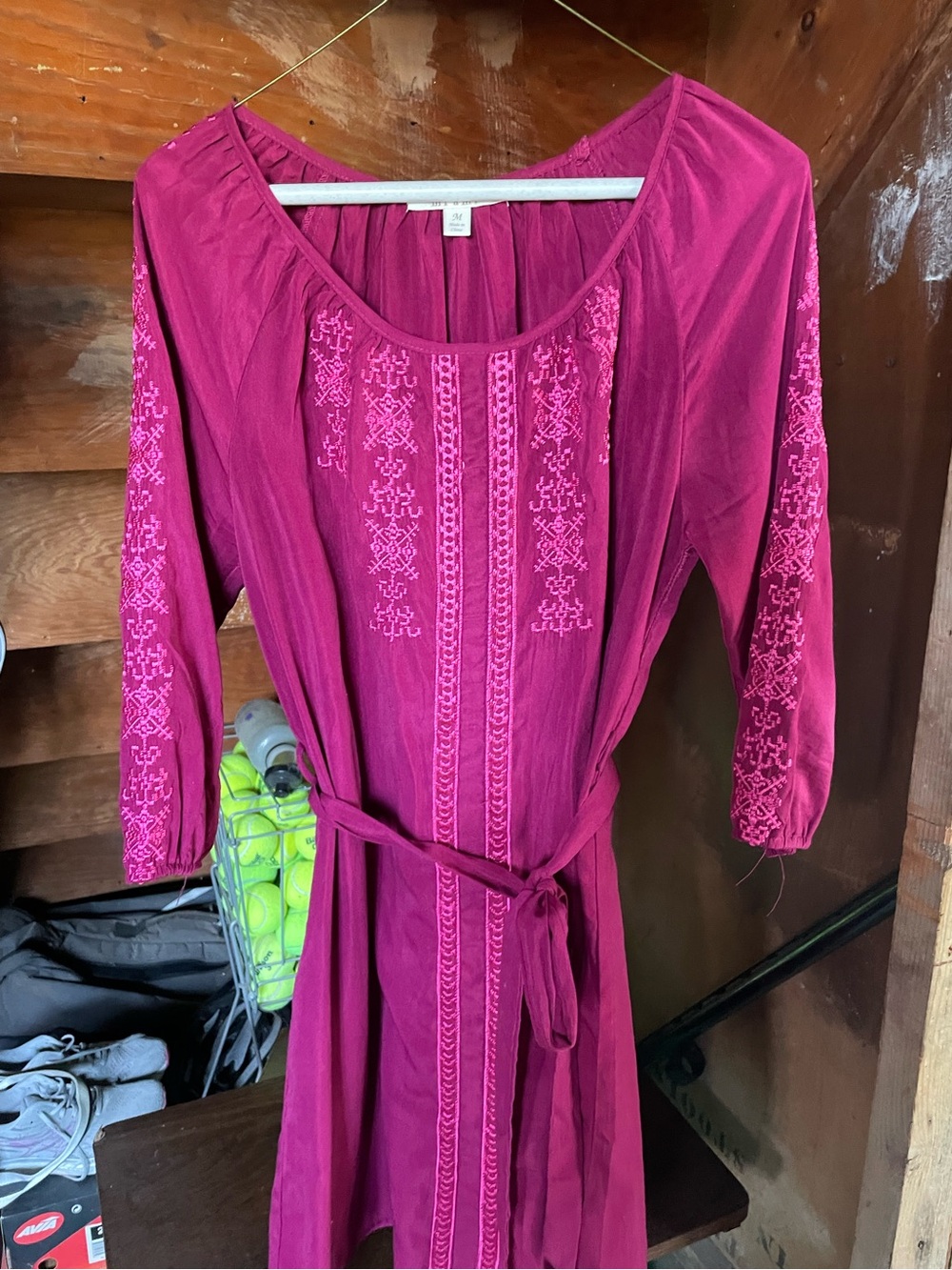 miami Magenta Embroidered Long-Sleeve Belted Dress